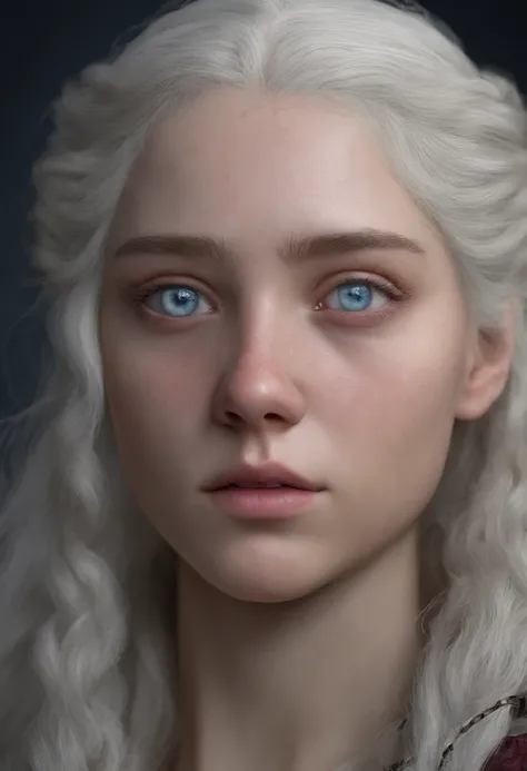 Una mujer joven linda Targaryen, con el cabello largo albino, with heterochromia, un ojo de distinto color, el ojo derecho de color celeste claro y el izquierdo de color violeta claro, vistiendo un vestido de color morado estilo medieval.