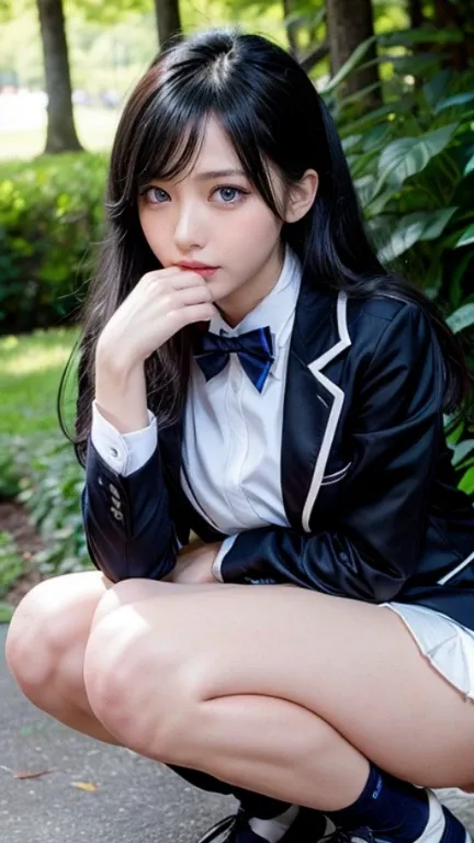 black hair、blue eyes、Beauty、long hair、long eyelashes、Navy color bow tie、white shirt、Navy colored blazer、navy plaid mini skirt、high school girls uniform、white knee socks、squatting facing forward、beautiful thighs、beautiful legs、cleavage、park in the afternoon...