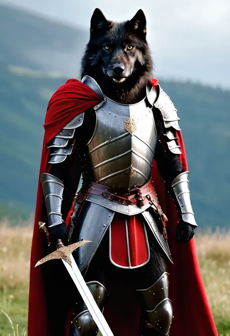 a black wolf in armor with a sword, showing full body, Elisha Cuthbert as an advertisement & champion, Poots Imogen D&paladin, knight, red armor, medieval knight, black and reddish colored armor, Wearing heavy armor with cape, Paladin image, 4k red armoure...