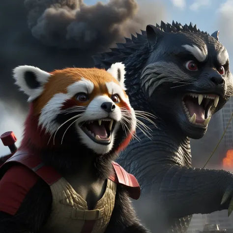 A shot from the movie "Godzilla" if the role of Godzilla was played by a red panda, pirate, panic, destruction, cinematic frame, high resolution, 32k