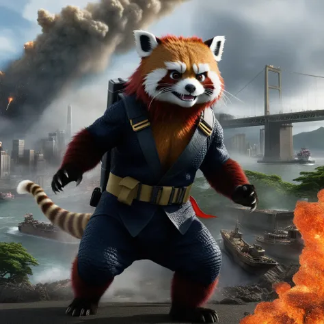 A shot from the movie "Godzilla" if the role of Godzilla was played by a red panda, pirate, panic, destruction, cinematic frame, high resolution, 32k