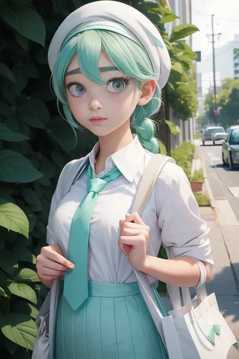 1girl, (bags under eyes:1.5), mint green hair, twin_braid, white beret, white shirt, flower necktie