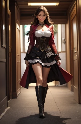 (( masterpiece)), ((best quality)), (Full body:1.5), (slightly above:1.5), A beautiful girl in a sexy steampunk outfit She wears a corset, layered with a coat, wears a skirt with an opening at the front, (walking:1.5), (thoothy smile:1.5), (sarcasm express...