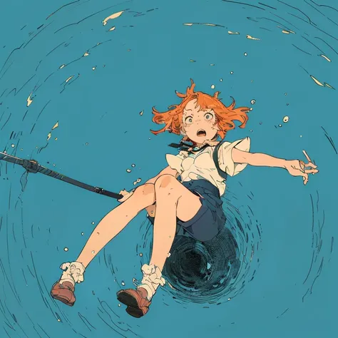 Anime girl floating in the pool wearing a short skirt and shirt, FLCL, anime girl walking on water, FLCL cover, by Yoshihiko Wada, by Naka Bokunen, Written by Eizan Kikukawa, by Satoshi Kon, Clovis Trouille, by Kentaro Miura, :14 FLCL + Akira