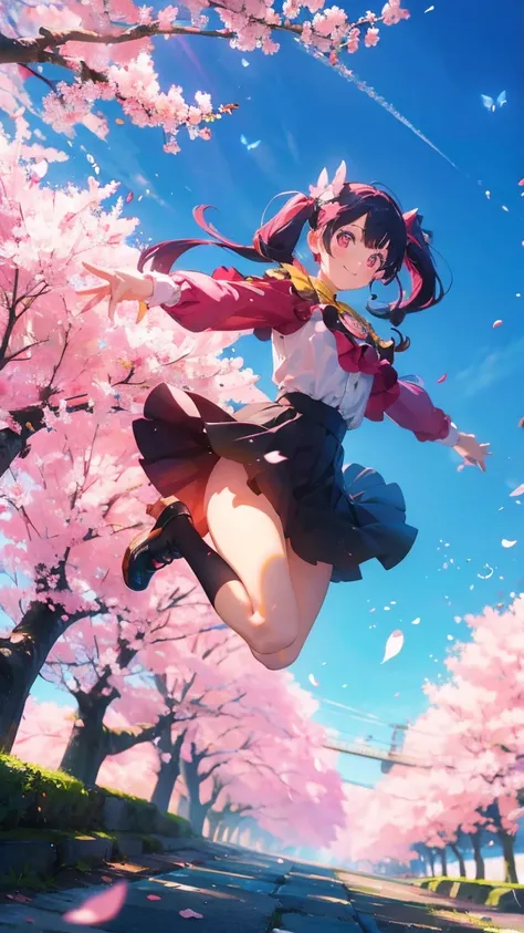 1 anime girl, alone,Black petals flutter, A mysteriously shining butterfly.city,bright pink hair,red gem eyes,long twin tails,thin legs,very clear,highest quality,辺り一面のcherry blossoms,都city,cherry blossoms,cherry blossomsミク,beautiful morning,Asahi,close up...