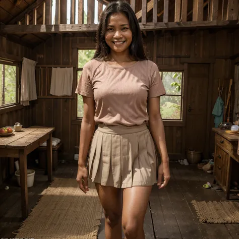 Realistic photo depicting 1 Indonesian woman, villager, poor woman, 52 years old, wearing peach color t-shirt, wearing peach color pleated skirt, smiling, short body, curvier body, darker skin, long hair, standing and smiling in the old wooden cabin in a d...