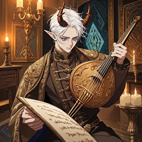 (a race tiefling with) white hair, (striking) blue eyes, and a handsome face, (with) horns protruding from his forehead and elf ears peeking through his tousled hair. (He is) dressed in (traditional) middle ages attire, (wearing) a (stylish) bard costume. ...