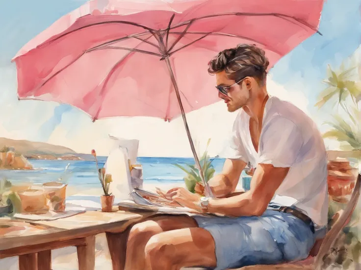 Handsome and sunny man in fashion trend, whole body: 1.6, holding robot toy, Random hairstyle, sitting under parasol, at the seaside, Suspender shorts in random colors, wind blowing hair, Blue sky and white clouds, Cover your chest, double eyelids, focused...