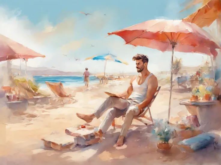 Handsome and sunny man in fashion trend, whole body: 1.6, holding robot toy, Random hairstyle, sitting under parasol, at the seaside, Suspender shorts in random colors, wind blowing hair, Blue sky and white clouds, Cover your chest, double eyelids, focused...