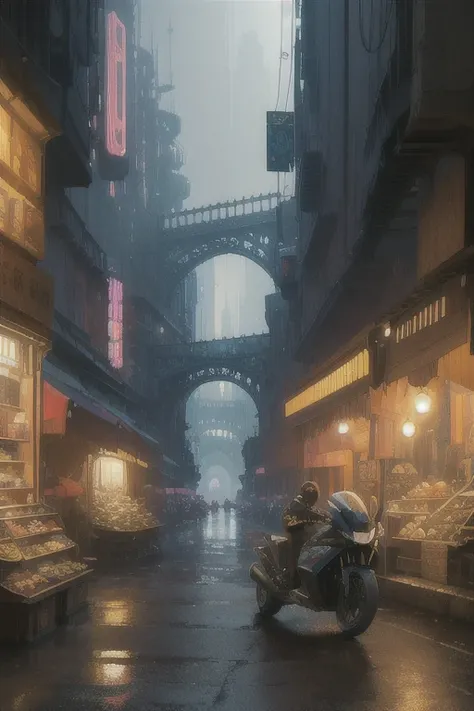 ((masterpiece)),((best quality)),((high detail)),((realistic,)) Futurist era city, deep gorges in the middle, architectural streets, bazaars, bridges, cyberpunk, European architecture, rainy night, neon, futuristic motorcycle