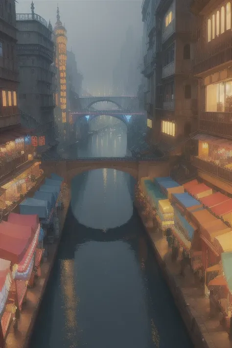 ((masterpiece)),((best quality)),((high detail)),((realistic,)) Futurist era city, deep gorges in the middle, architectural streets, bazaars, bridges, cyberpunk, European architecture, rainy night, neon, futuristic motorcycle