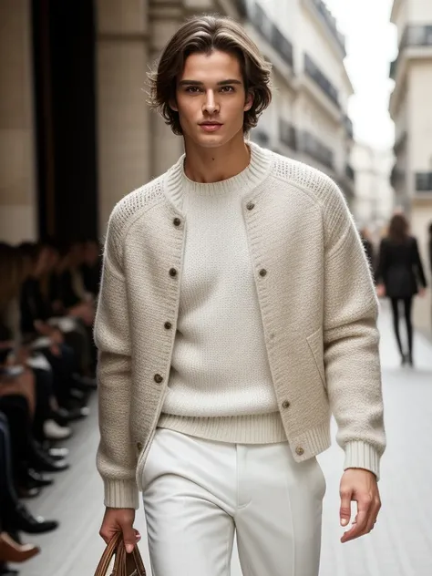 Soft lighting like a movie、Illuminates a handsome Brazilian male supermodel with amazing detail and ultra-realistic。paris collection, Milan Collection runway、Crew neck knit、Jacket、white pants、ランウェイをwalk、walk, Short, messy, windblown brown hair, Clear honey...