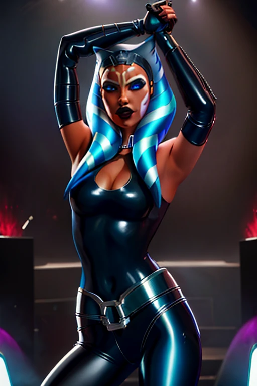 Ahsoka as a 20-year-old Pop Star, in high definition 3D, cyberpunk style, stylish, wearing black leather sleeveless clothes, blue-black leather pants with a silver zipper and belt below the waist, dancing and singing on stage