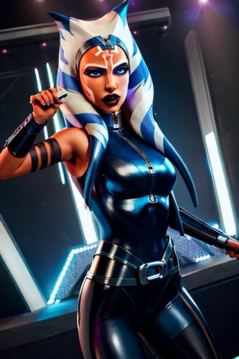 Ahsoka as a 20-year-old Pop Star, in high definition 3D, cyberpunk style, stylish, wearing black leather sleeveless clothes, blue-black leather pants with a silver zipper and belt below the waist, dancing and singing on stage