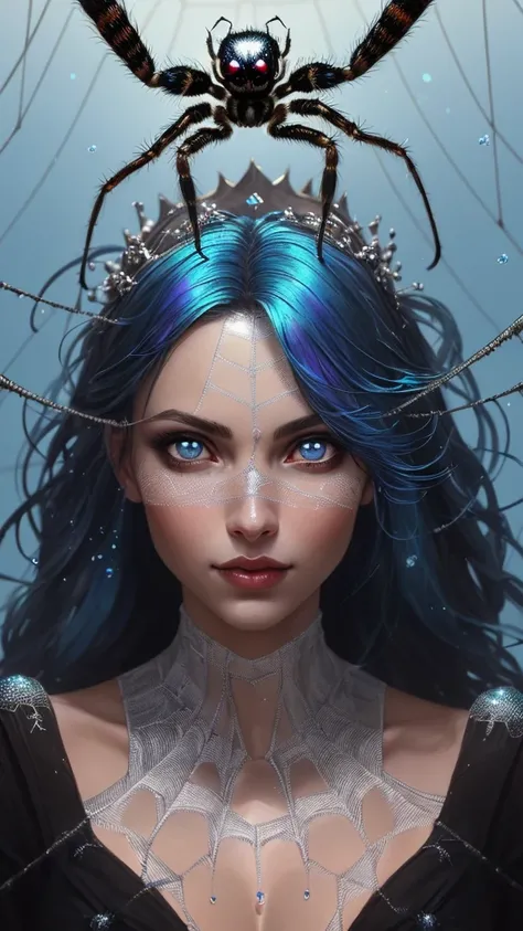 8k portrait of beautiful pirate jumping spider woman, pirate, goddess, crown of spiders, wearing a pirate outfit made of spider webs, pirate goddess of spiders, floating aetherial, glowing blue aura, glowing bright blue hair, jumping spider, bright iridesc...