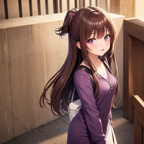 Una chica anime hermosa, ojos color morado, Brown hair, largo y rizado