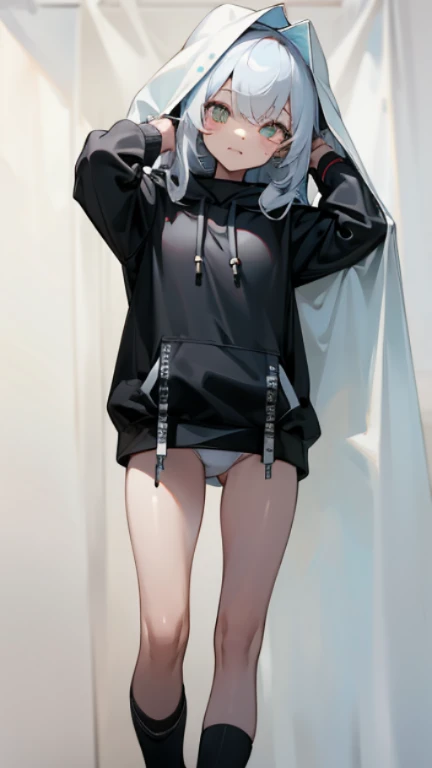 girl wearing a black hoodie、wearing a hood、white panties、cute face