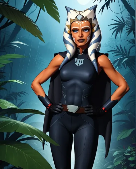 zPDXL, source_anime, BREAK ahsoka tano, cape, armor,black gloves,tight bodysuit,black cape,black pants, BREAK close-up, solo, standing, front view, medium breasts, hands on hips, wide hips, BREAK x3dce, 3d, jungle background, dense vegetation, rain, night,...