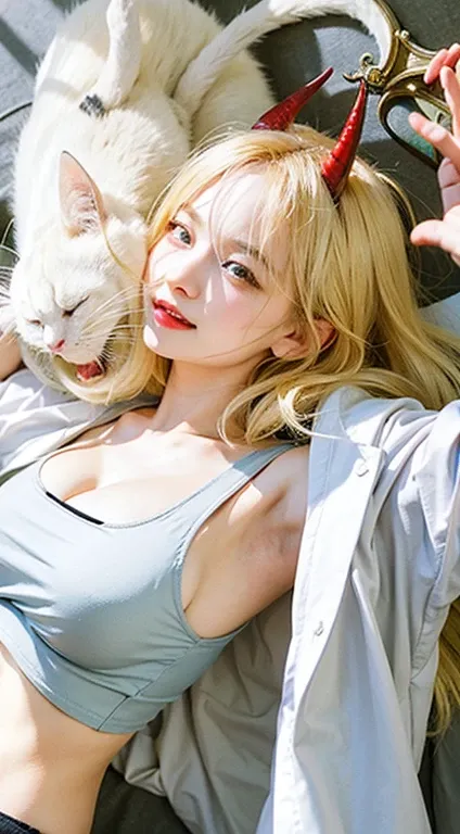 a blond lady, with red eyes and yellow crosshairs as pupils, devil horns, pointy vampire teeth, smiling, wearing a white bra and an open white shirt, laying on top of a bed with a white cat besides her