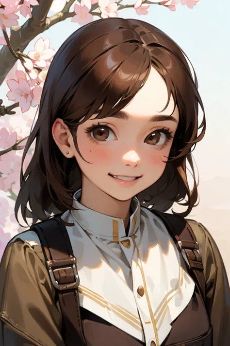 highest quality, work, (realistic: 1,2), 1 girl, brown hair, brown eyes, front, detailed face, beautiful eyes、smile gently、toothy smile、Spring clothes、