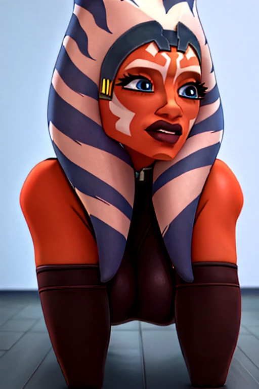 1 ahsoka, brown hair, short hair, bangs, blush, shaking, shaking effect, surprised effect, bound, bdsm, bondage, on all fours, humandog, highres, ultra-detailed, realistic, portraits, vibrant colors, side view