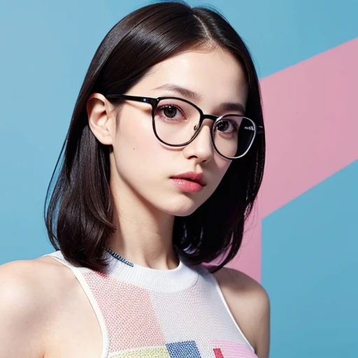 front focus, medium portrait portrait of a French supermodel. pastel geometric patterns on clothes, futuristic big glasses, fashionable outfit on a sky blue background. This is a minimalistic portrait with a high tonal range.