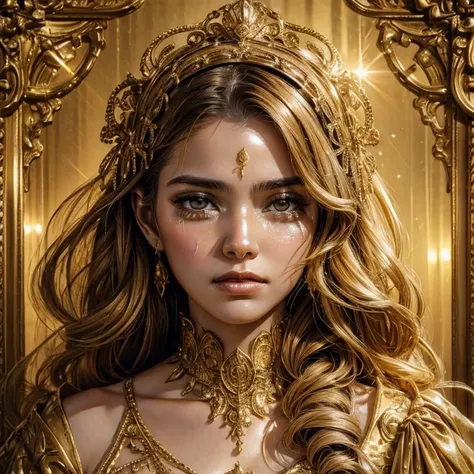 Art Photo, a photograph of a crying young woman plastered with dollar gold coins, overhead shot, dazzling sunlight, intricate, flashy, translucent, medium scene, grotesque art style, extremely creative, simple and mysterious, high quality, 8k