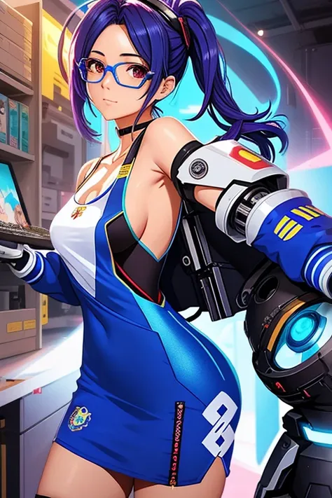 Chica anime con un vestido azul y gafas con un robot al fondo., mei from Supervision, from Supervision, Tracer in a tight dress., portrait of mei from Supervision, sorteos de jazz y ross, Supervision fanart, rossdraws y jazz, Supervision style, Supervision...