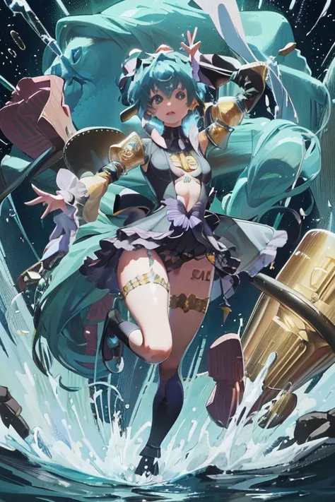 (Seios grandes Hatsune Miku，electronic singer，cabelo verde，Ombros nus，uma saia preta，mangas pretas，(Blusa de cor branca)，Roupas brancas，8k，A high resolution，olhos verdes，fundo do concerto，No local do concerto，em concerto，Only beautiful thighs are exposed，t...