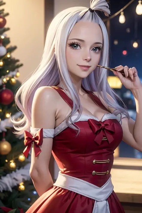 (best quality,4k,8k,highres,masterpiece:1.2),ultra-detailed,realistic,photorealistic:1.37,Mirajane Strauss with a charming smile wearing a Santa Claus outfit,vivid colors,Fairy Tail style,festive lighting,Christmas theme