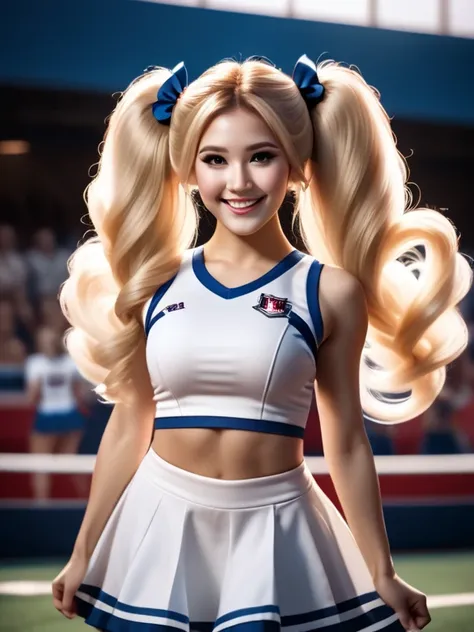 cinematic film still woman, realistic, solo, ((mega twintails)), very long hair, blonde, cheerleader, dress, big smile, ((big ha...