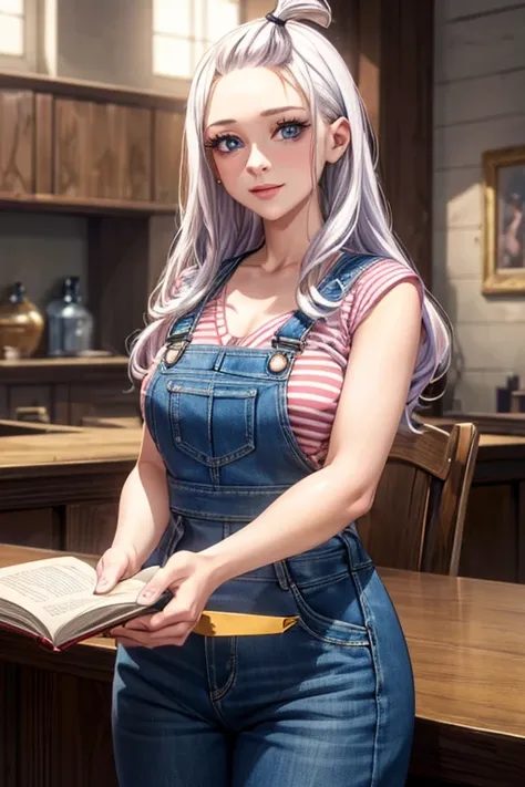 Mirajane Strauss,beautiful detailed eyes,beautiful detailed lips,extremely detailed eyes and face,long eyelashes,22 years old,beautiful smile,wearing denim overalls,illustration,ultra-detailed,(best quality,4k,8k,highres,masterpiece:1.2),ultra-fine paintin...