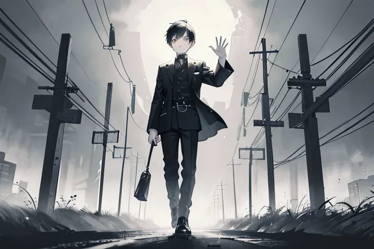 monochrome,masterpiece, illustration, best quality, best aathetic,male focus,long shot,full body,boy,a boy waving his hand,black jacket,short hair,15 years old,a boy on leftforehead,brow,narrow eyes,standing,exchanging greetings,farewell,Roads and telegrap...