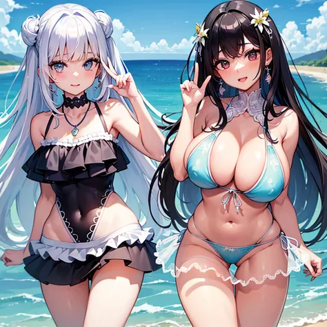 finely, High resolution, high quality、perfect dynamic composition, detailed and beautiful eyes, twin tail hair, beautiful breasts 、natural color lip, close up of face,Kamimei、2 girls included、transparent skin、shining hair、swimsuit、Fluffy skirt、intricate la...