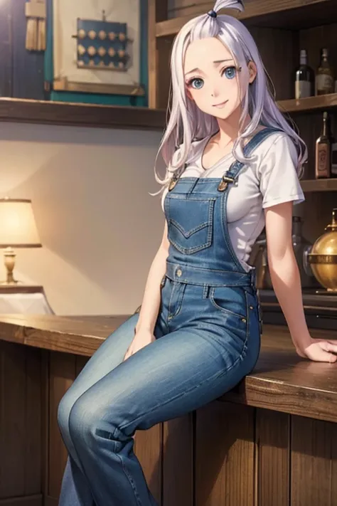 (realistic,photorealistic,photo-realistic:1.37), Mirajane Strauss, 22 years old, beautiful smile, wearing denim overalls 