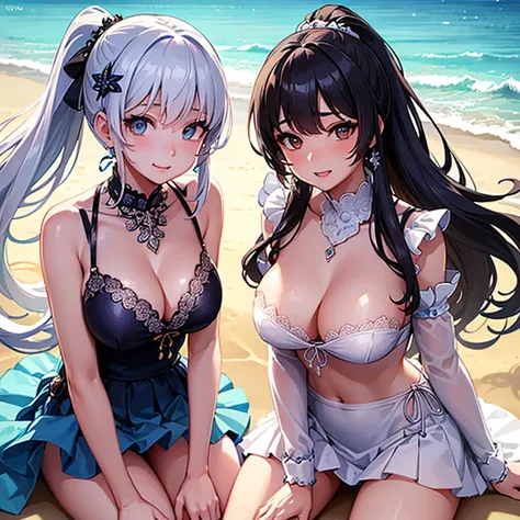 finely, High resolution, high quality、perfect dynamic composition, detailed and beautiful eyes, ponytail hair, beautiful breasts 、natural color lip, close up of face,Kamimei、2 girls included、transparent skin、shining hair、swimsuit、Fluffy skirt、intricate lac...