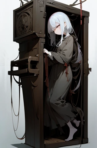 ((girl tied to a machine)), scribble, nightmare, doll-like face, cartoon style, rough sketch, , (masterpiece), (High resolution), (super delicate), (clear), Comic book style illustrations,(Horror elements), Japanese painting illustration, full body,(snap s...