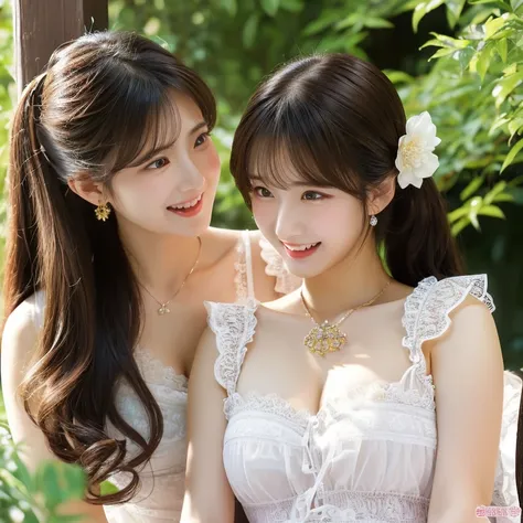 finely, High resolution, high quality、perfect dynamic composition, detailed and beautiful eyes, twin tail hair, beautiful breasts 、natural color lip, close up of face,Kamimei、2 girls included、transparent skin、shining hair、Fluffy skirt、intricate lace、intric...