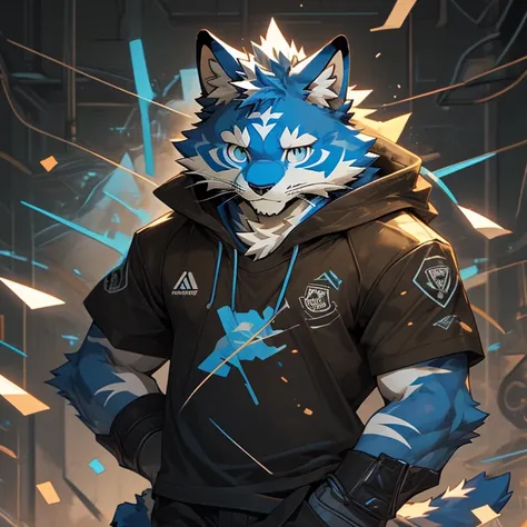 A humanoid blue cat (furry). A part of your face is a cyborg and the rest is an animal. He wears a shirt with a paw logo in the middle of his black shirt, the sleeves of his shirt have white stripes.The character wears brown shorts and has paws showing.