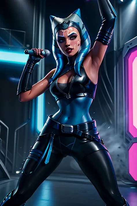 aayla secura as a 20-year-old pop star, in high definition 3d, cyberpunk style, stylish, wearing black leather sleeveless clothe...