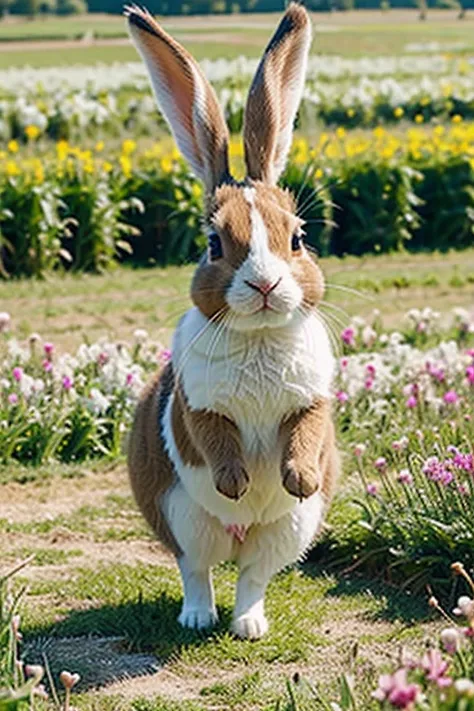 create an ouytline illustration image A bunny hopping through a field of flowers