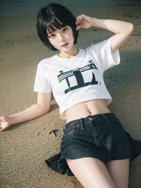 highest quality,Raw photo  , 19 year old Japanese female idol, navel focus,lying on the ground,T-shirt, mini skirt,short hair, bowl cut ,cute face  ,edgy,droop ,murky water , overflowing  ,Wet ,Self snap, on the beach, rain,night, 