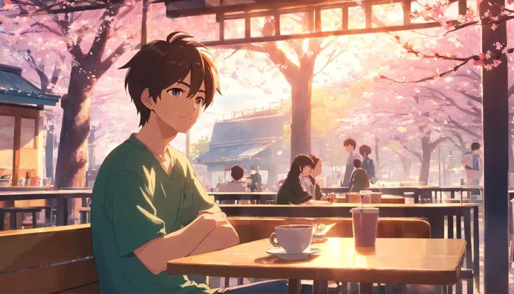 Young man relaxing in a cafe、spring、noon、sunlight、bright atmosphere、cherry blossoms are blooming