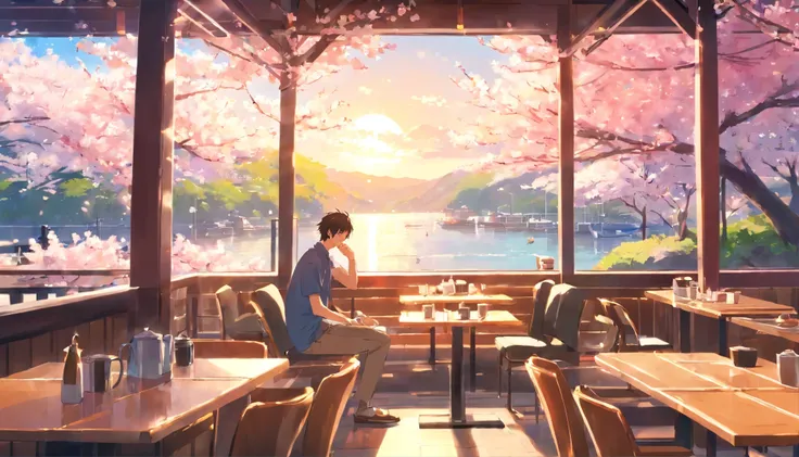 Young man relaxing in a cafe、spring、noon、sunlight、bright atmosphere、cherry blossoms are blooming、men are nearby