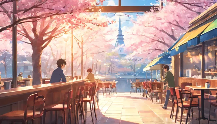 Young man relaxing in a cafe、spring、noon、sunlight、bright atmosphere、cherry blossoms are blooming