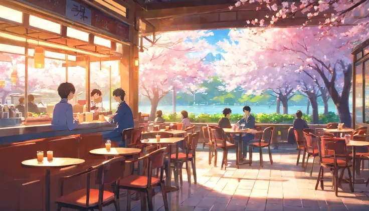 Young man relaxing in a cafe、spring、noon、sunlight、bright atmosphere、cherry blossoms are blooming