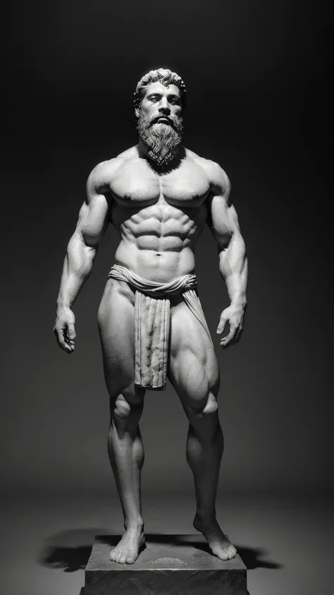 Black and white Image of a full-body statue depicting a muscular, bearded man. The statue should be proudly standing in the style of ancient Greek art, characteristic of Stoicism. It should feature clothing elegantly draped over one shoulder. The backgroun...