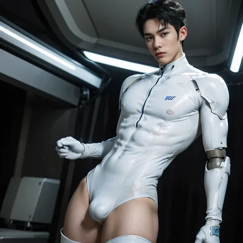 (masutepiece,High resolution,ultra - detailed:1.0),1(Boy,Robot Boy),Perfect male body,Look at the camera,Delicate eyes and delicate face,extremely details CG,Unity 8k wallpaper,intricate-detail,solo person,Detailed face, (Futuristic skin-perfect white body...