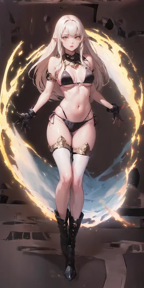 ((BLACK BACKGROUND1:2)) masterpiece, best quality, high quality, 1solo white SKIN elf, long hair, blonde hair, yellow eyes, full body, black bikini, looking at viewer, shiny, black thighhighs, high boots,shoulder armor, faulds, poleyn, gloves, gauntlets, F...