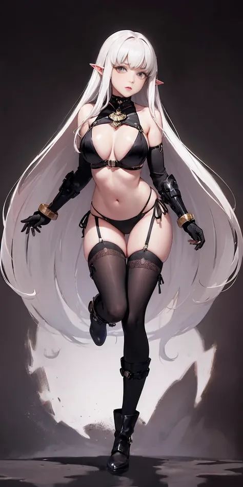 ((BLACK BACKGROUND1:2)) masterpiece, best quality, high quality, 1solo white SKIN elf, long hair, blonde hair, yellow eyes, full body, black bikini, looking at viewer, shiny, black thighhighs, high boots,shoulder armor, faulds, poleyn, gloves, gauntlets, F...